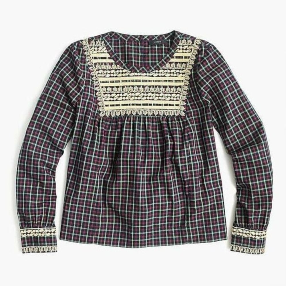 NEW J. Crew Embroidered Peasant Top in Plaid L